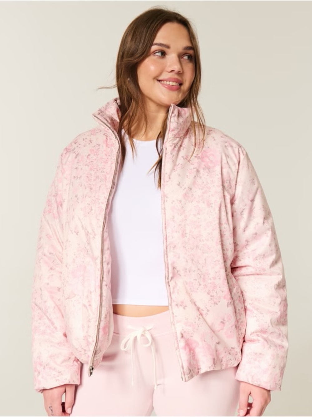 Hollister Light Pink Quilted Printed Puffer Jacket